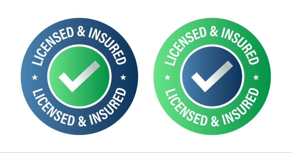 Licensed and insured vector icon set, green and blue in color.