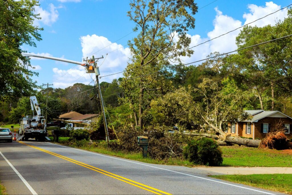 Cleanup efforts after tree falls on house in residential area.
